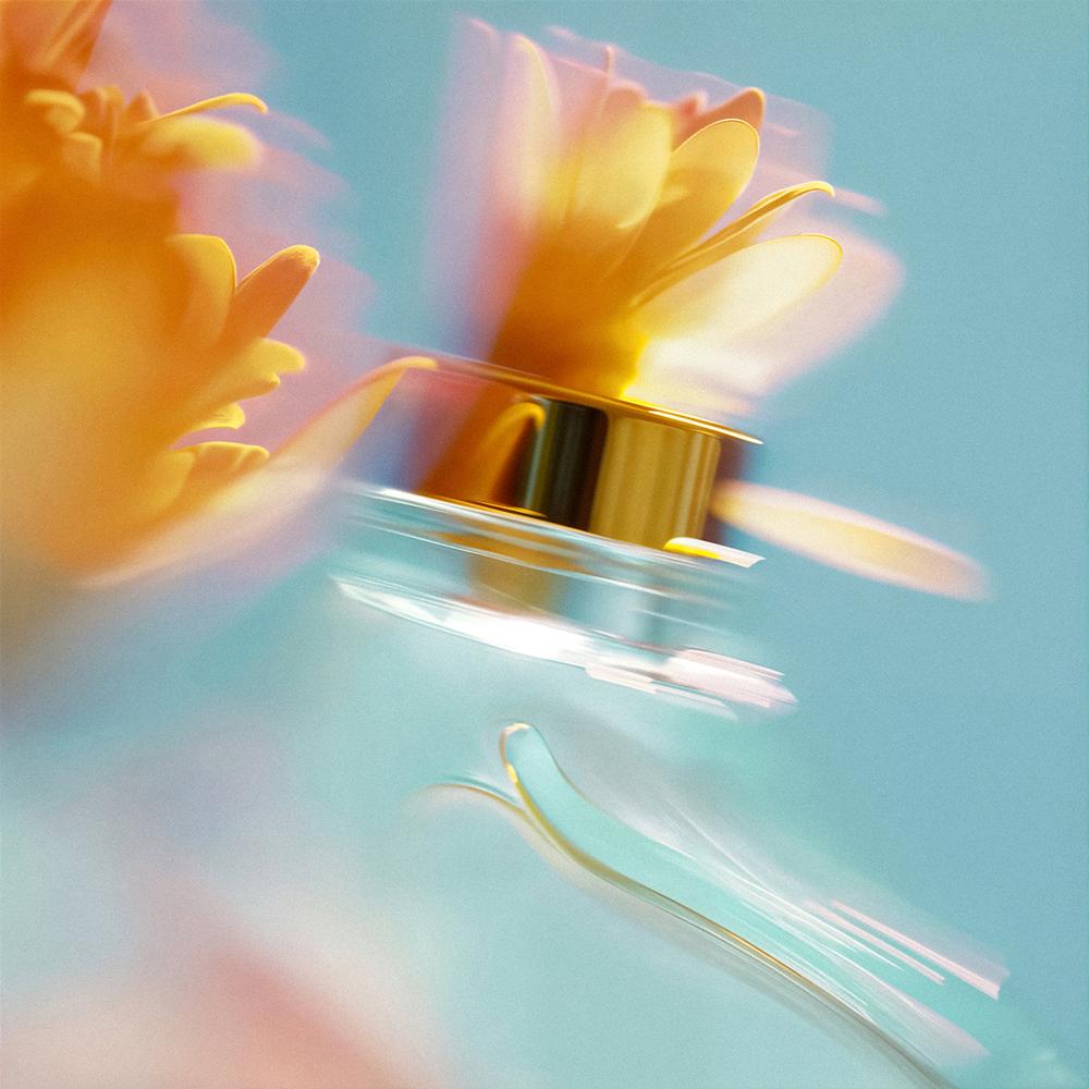 Alys  Thomas STILL LIFE of flower and bottle perfume blurry
