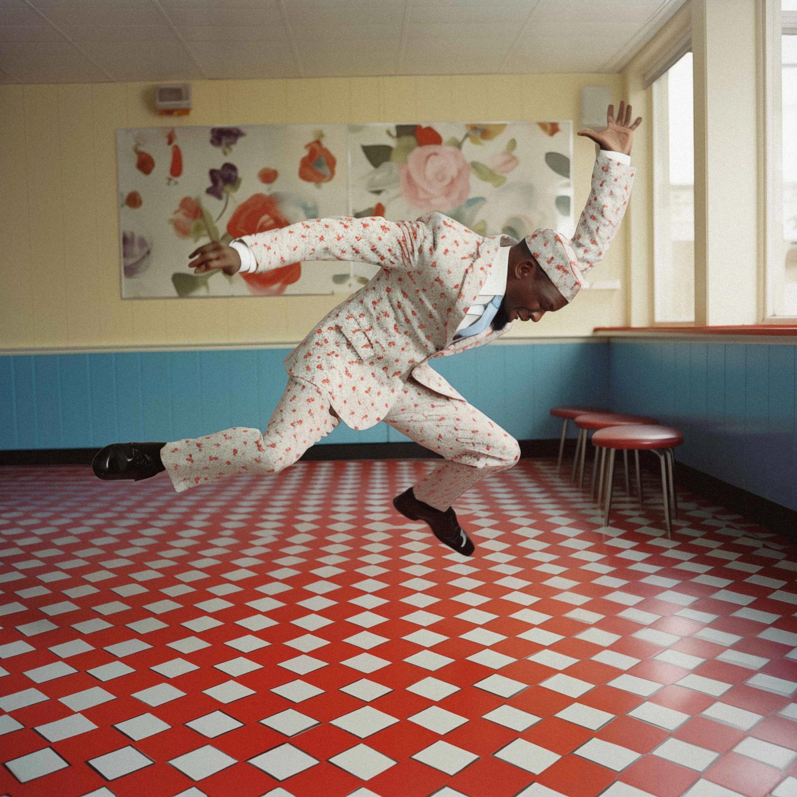 A man in a white suit with red and blue polka dots is jumping in the air, with his arms and legs outstretched.