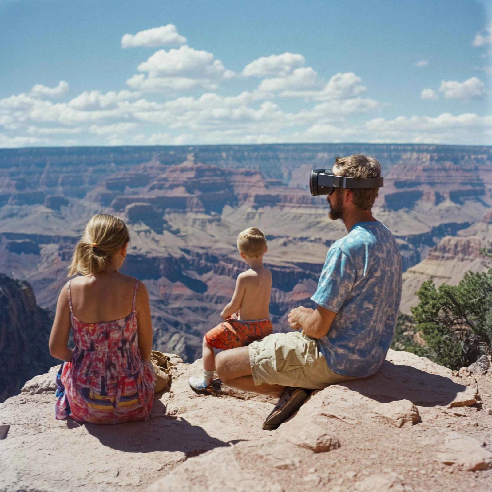A man, woman, and child are sitting on a rocky outcropping overlooking a vast, rugged landscape, with the man wearing a VR headset.