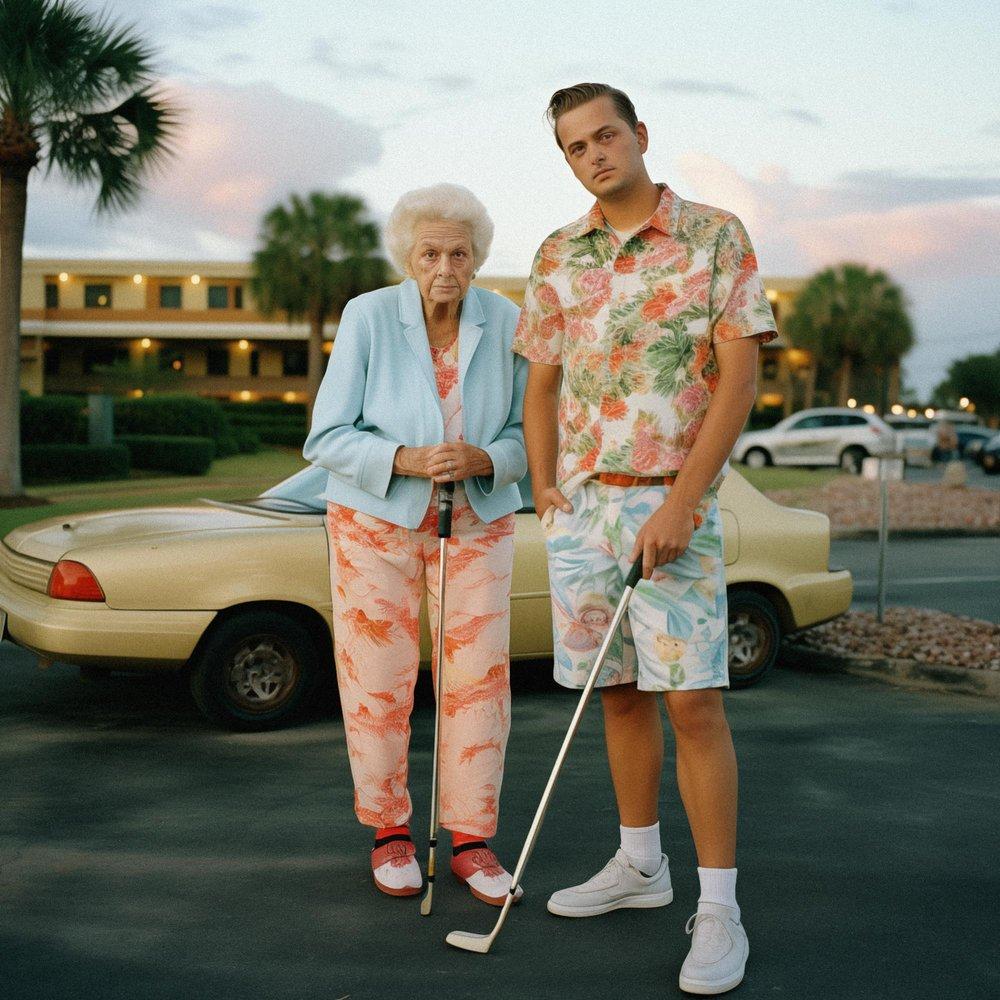 A man and an elderly woman dressed in golfing attire standing in a parking lot with a golf club and a car in the background.