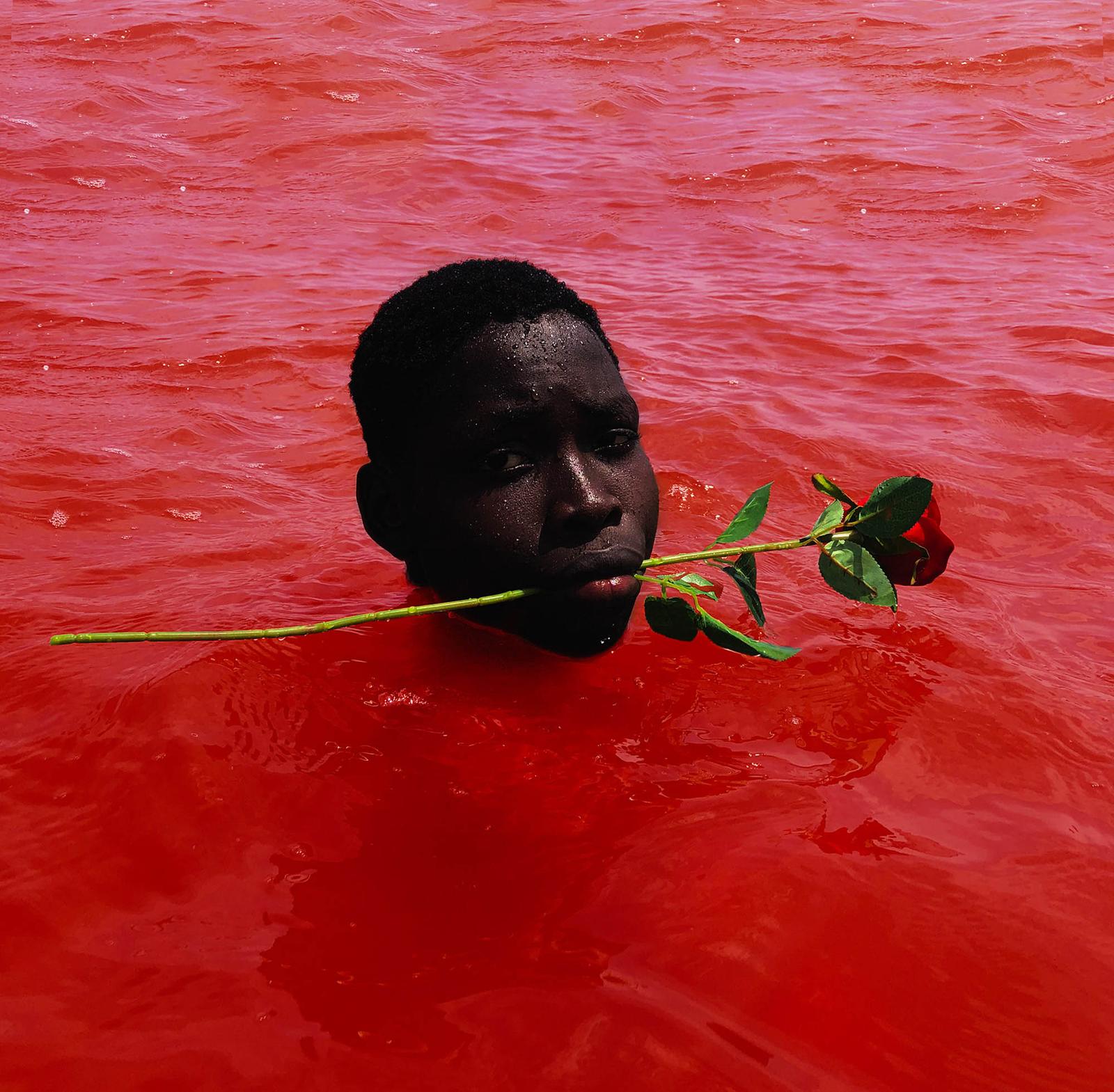 A young boy is submerged in a red, murky water, with a rose in his mouth.