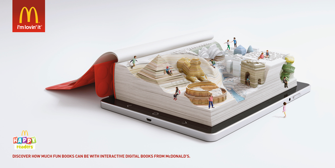 A McDonald's advertisement featuring a 3D CGI image of a giant book with a McDonald's restaurant inside, with people and food items