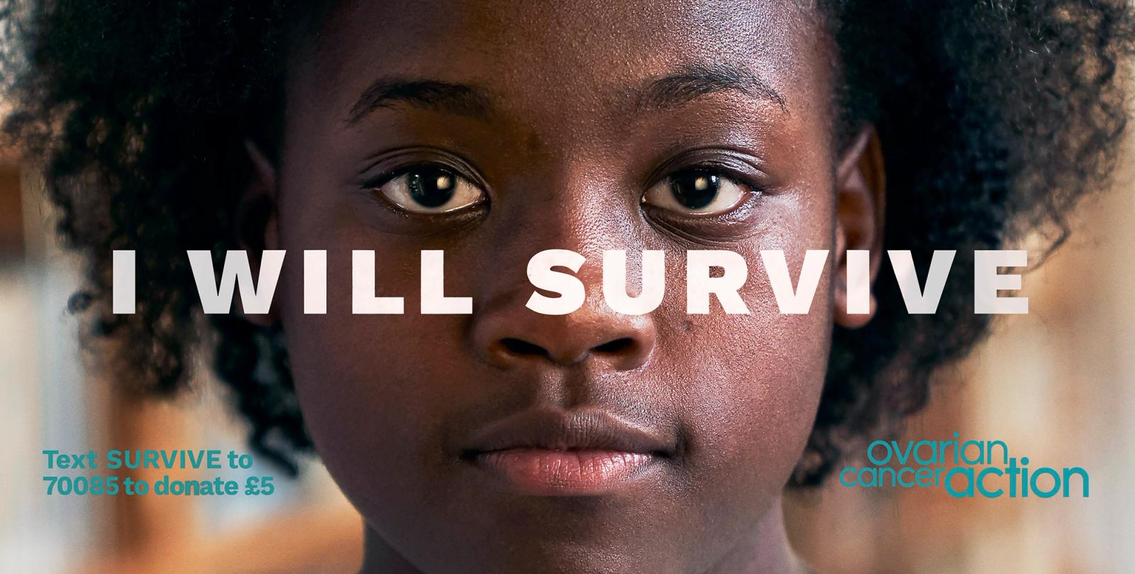 A young girl with a serious expression and the phrase 'I WILL SURVIVE' displayed on her face.