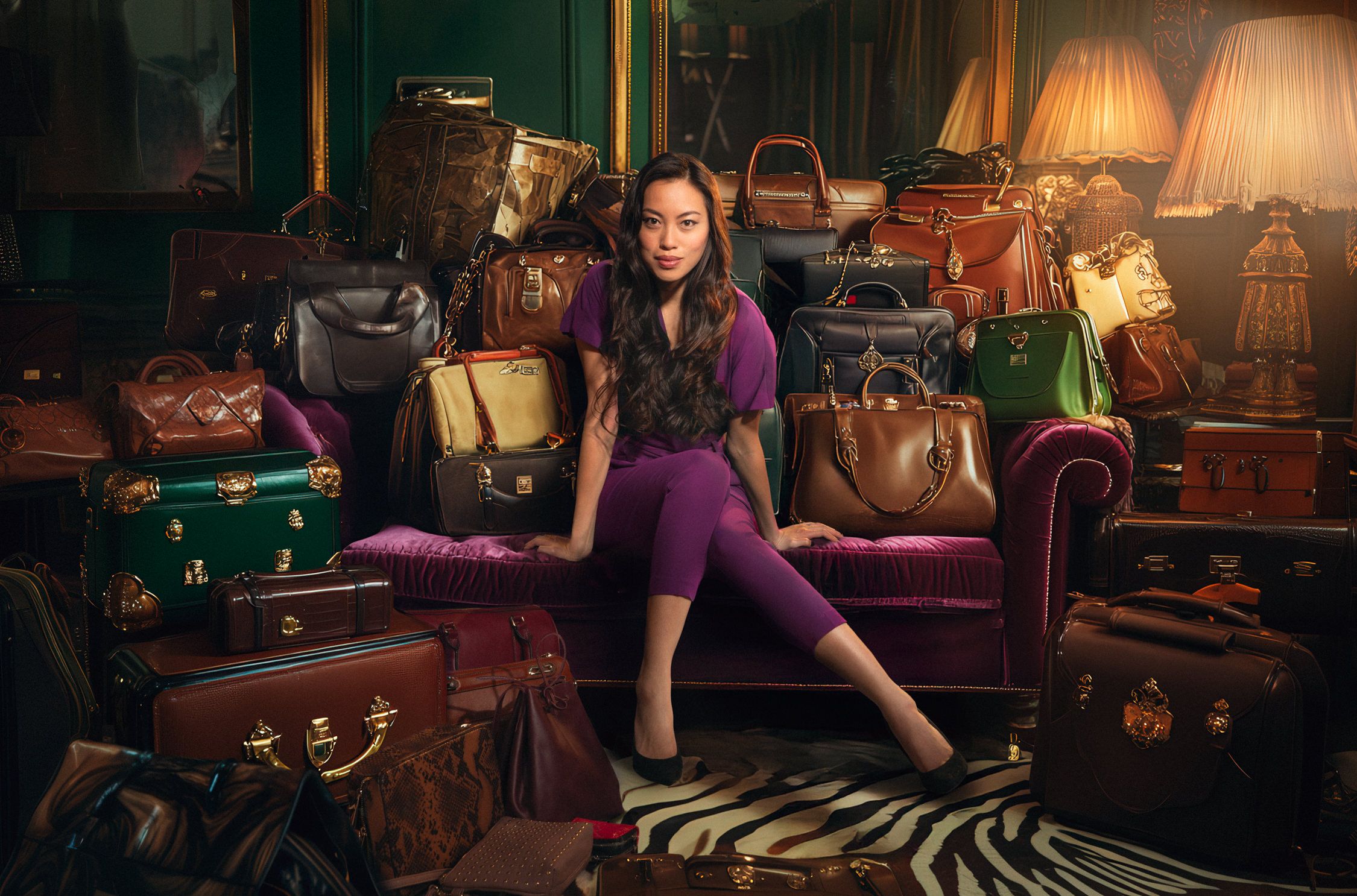 A woman sits on a couch surrounded by handbags and luggage.