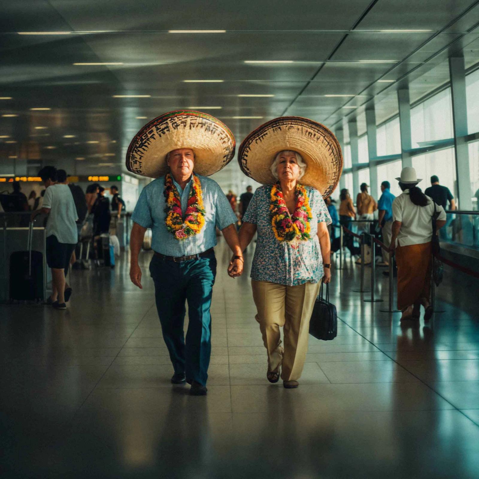 A couple, likely tourists, wearing traditional Mexican sombreros and colorful garlands, walking hand in hand through a busy airport terminal.
