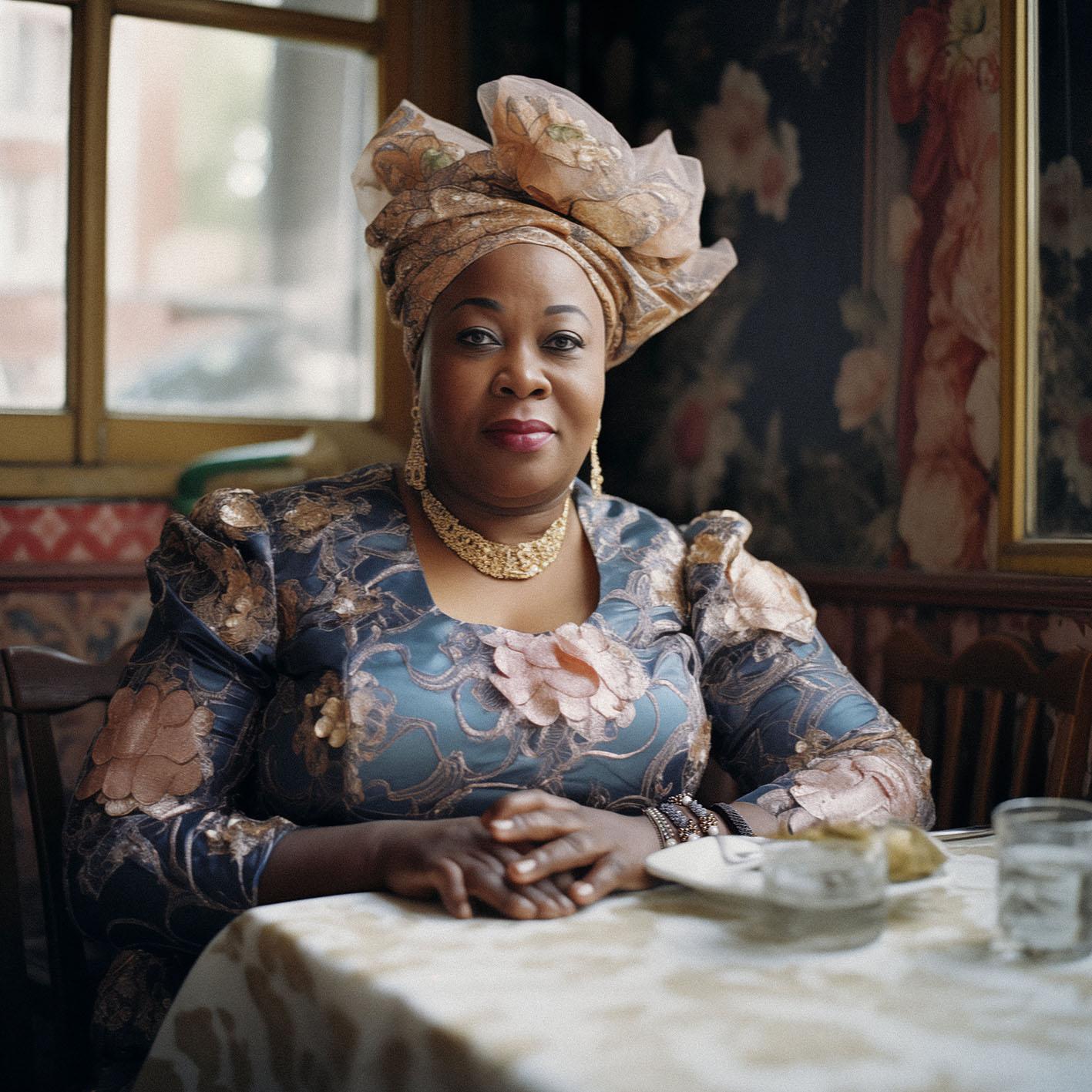 A woman wearing a traditional African dress and headscarf sits at a table in a dimly lit room, looking directly at the camera with a serious expression.