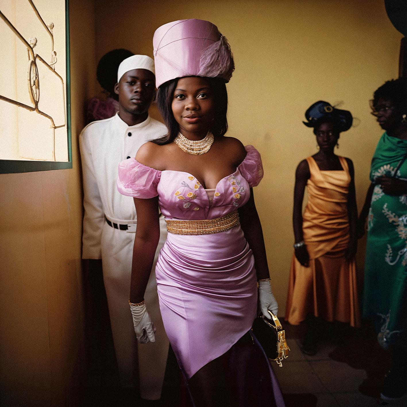 A group of people, including a woman in a pink dress and a man in a white suit, standing in a hallway, with a few others in the background.