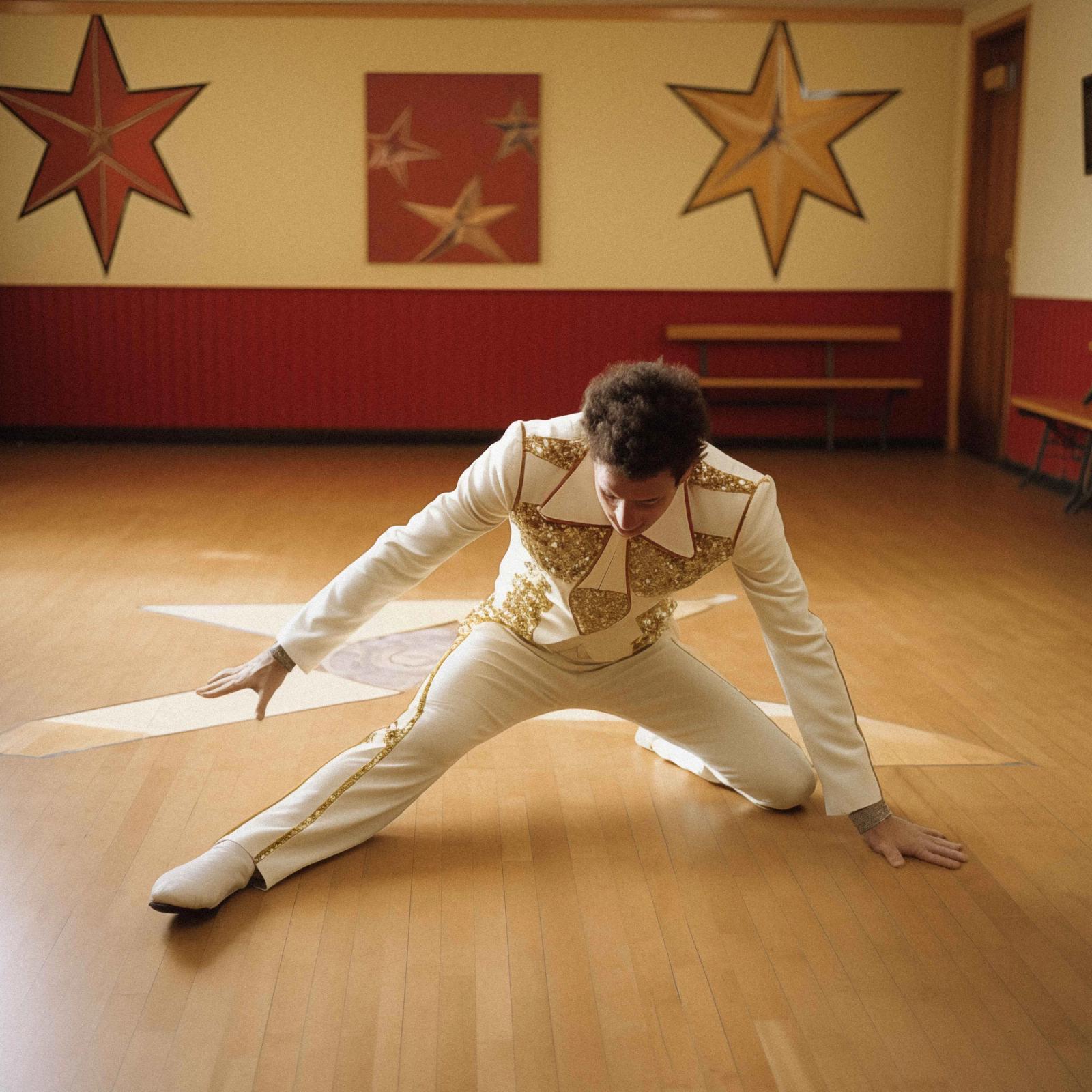 A man in a white and gold Elvis Presley-style jumpsuit is in a dramatic pose on a stage with a star-shaped backdrop.
