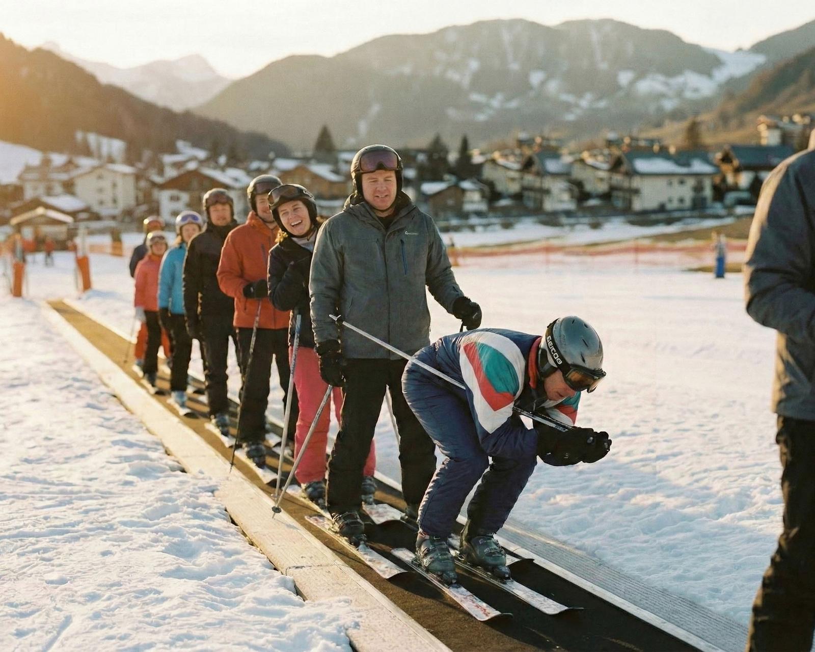 A group of people in winter clothing, including ski jackets and helmets, standing in a line on a snow-covered slope, with a mountain range in the background.