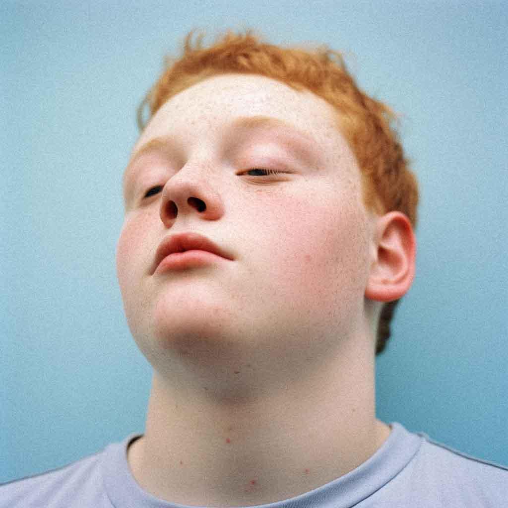 A young boy with red hair and freckles is looking up at something with a mix of curiosity and concern on his face, wearing a white t-shirt.