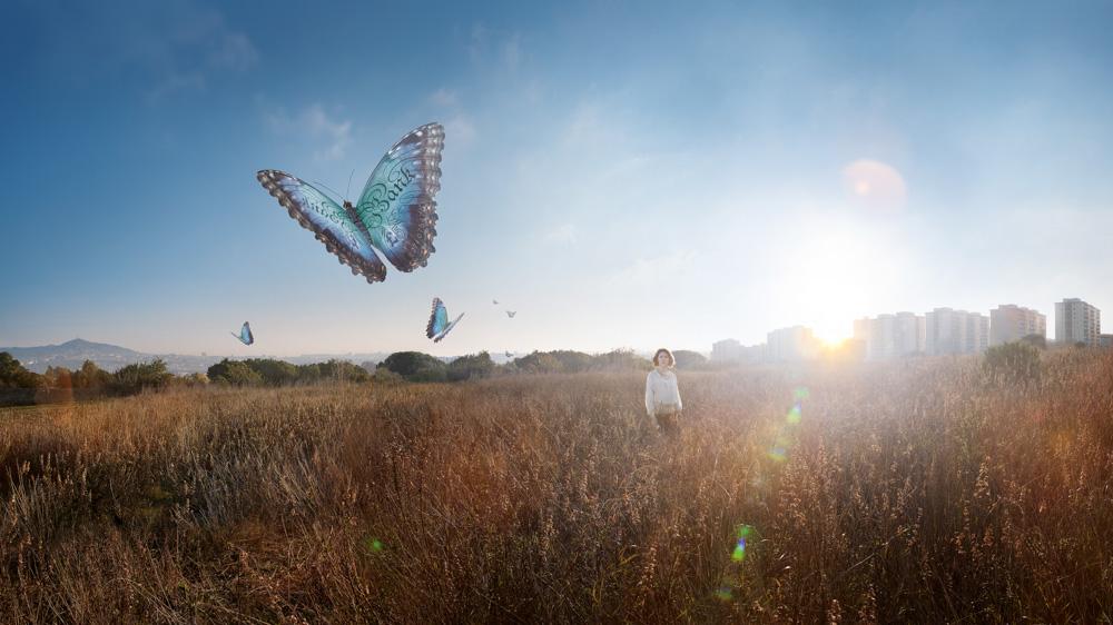 A woman stands in a field of tall grass with a city skyline and blue-green butterflies behind her.