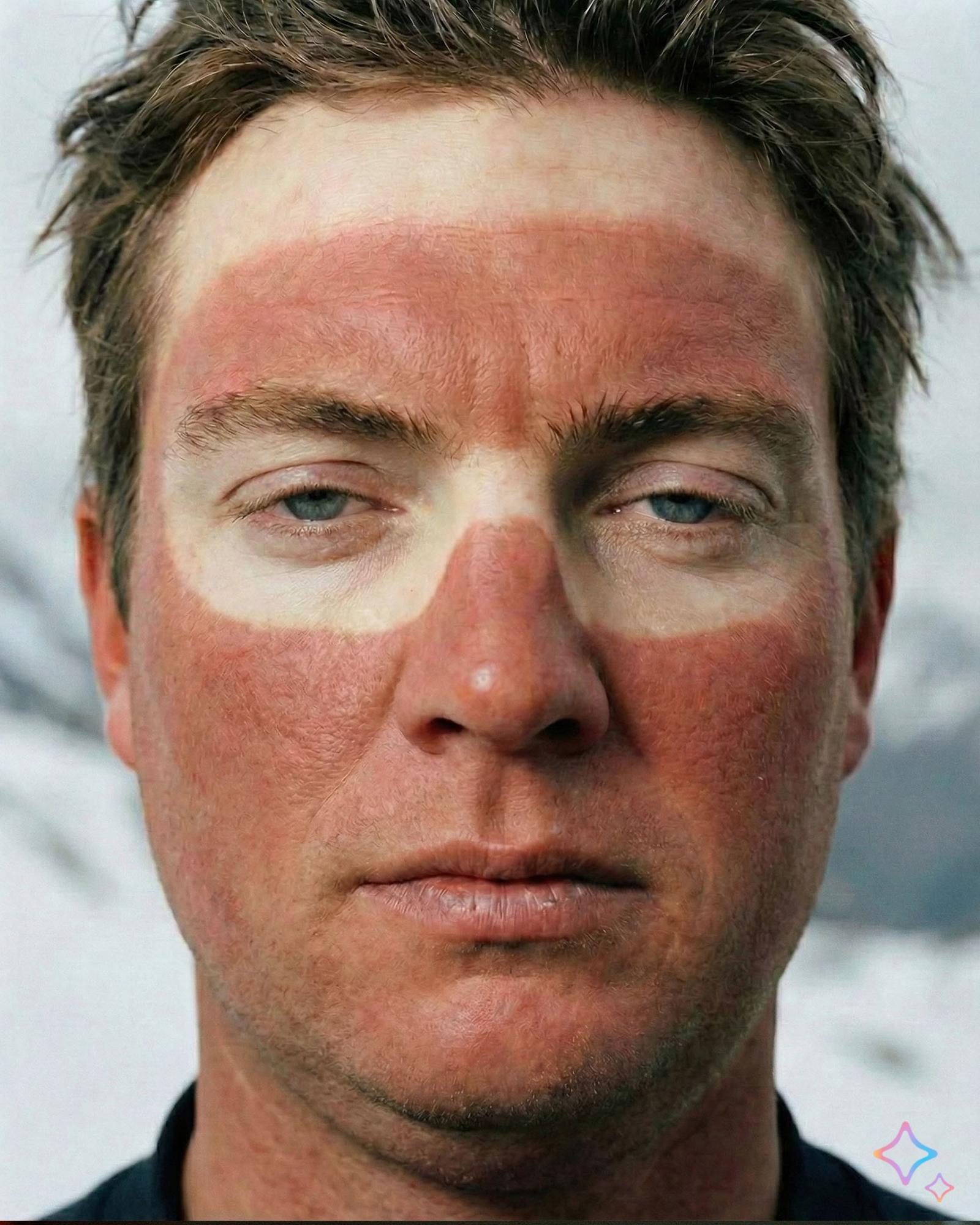 A close-up of a man's face with a severe sunburn on his face, including his nose, cheeks, and forehead, with a red, ...