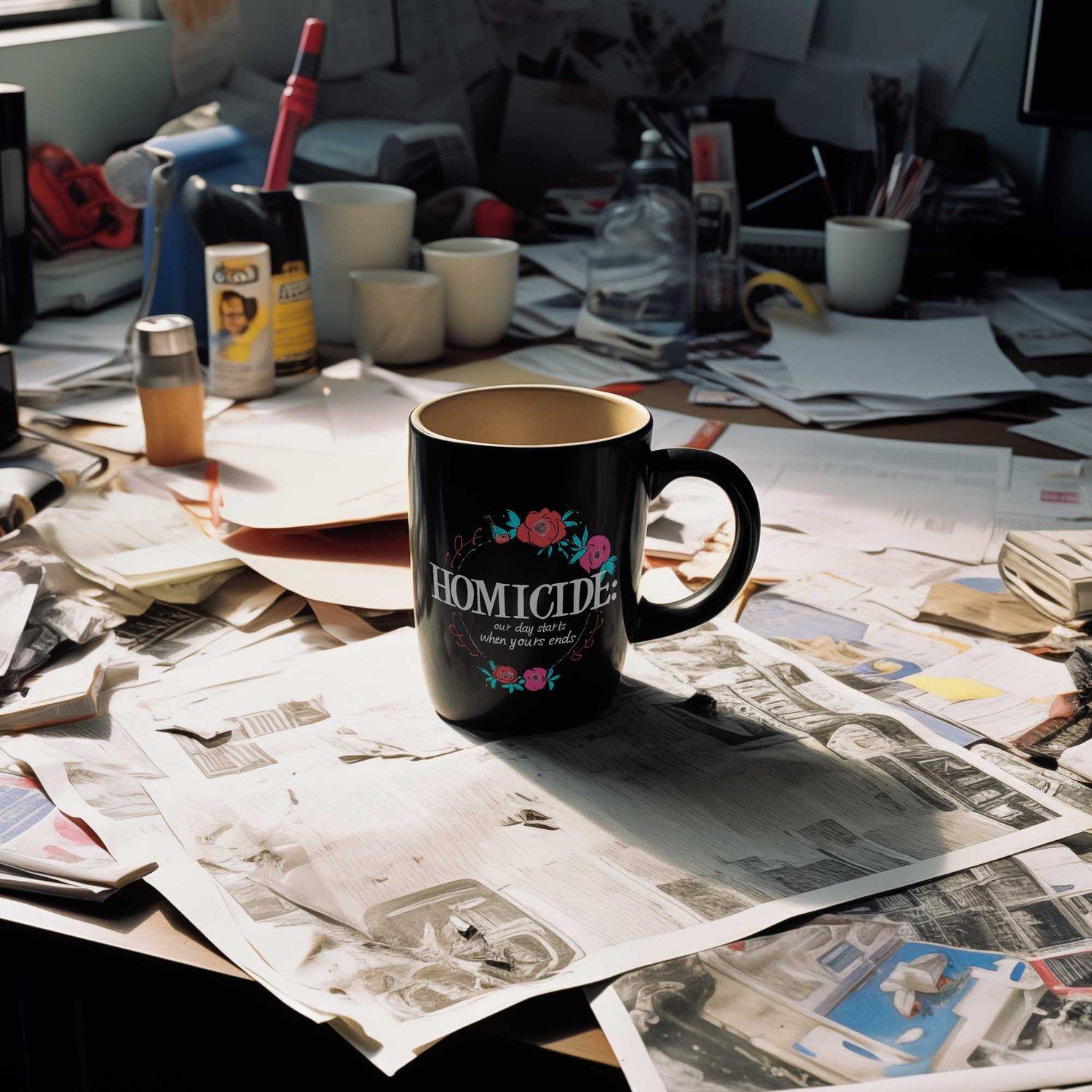 A messy desk with a coffee mug on top of a pile of papers, with a few scattered books and a computer monitor in the background.