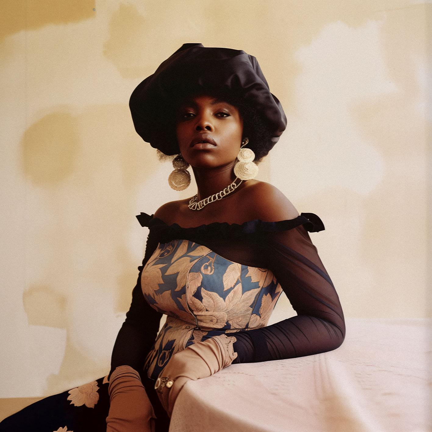 A woman wearing a black hat, a floral-patterned corset, and a long, dark skirt, sitting on a table with her arms crossed.