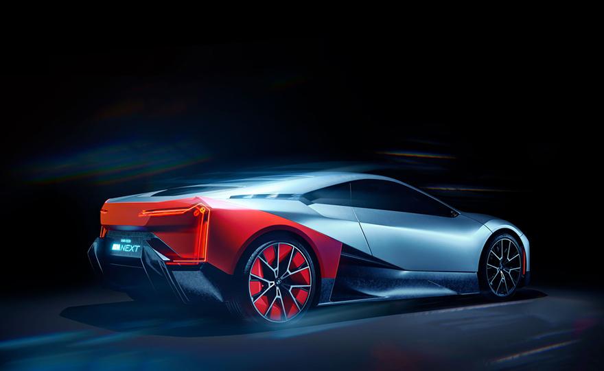 A futuristic sports car with a sleek design and a 'NEXT' logo on the rear.
