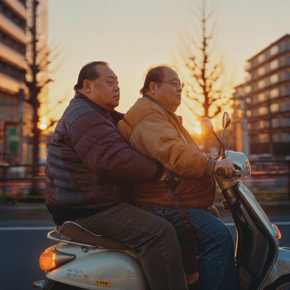 Two men, one in a brown jacket and the other in a yellow jacket, riding a scooter through a city street at sunset.