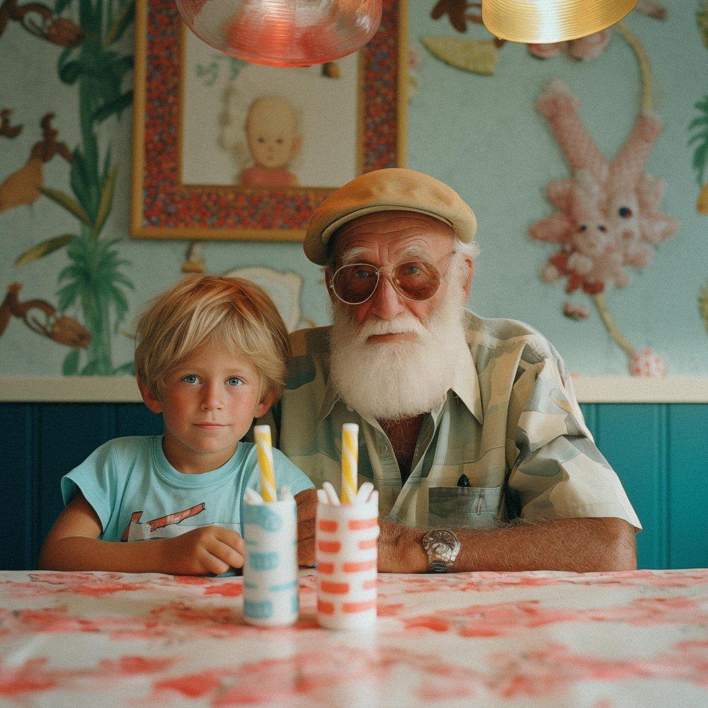 An elderly man with a white beard and a young boy with blonde hair sitting at a table with a colorful background, both wearing casual clothing.