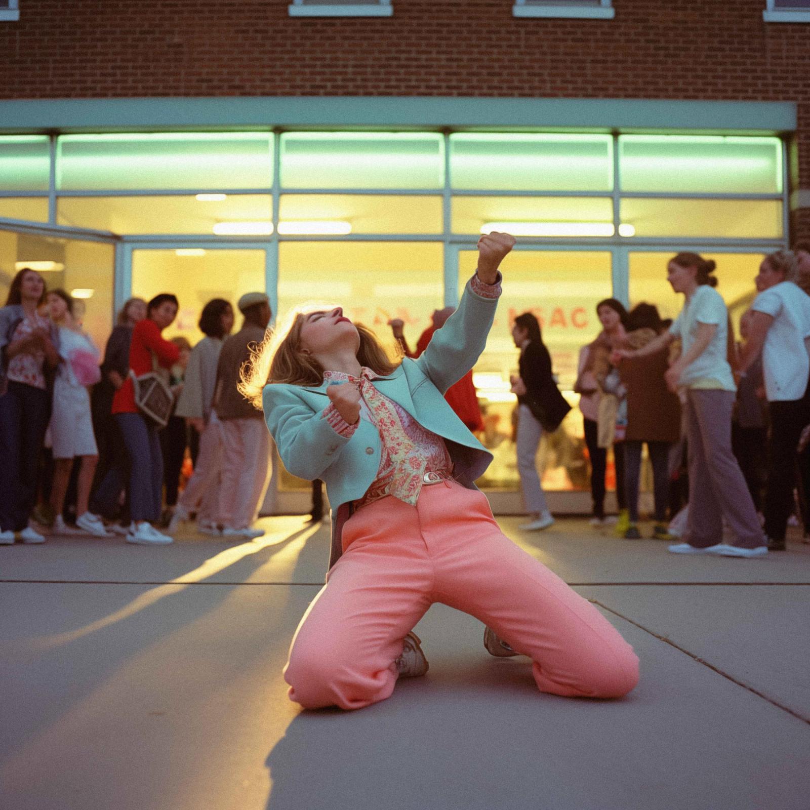 A young woman in a blue jacket and pink pants is dancing in the street, surrounded by a crowd of people cheering and taking photos.