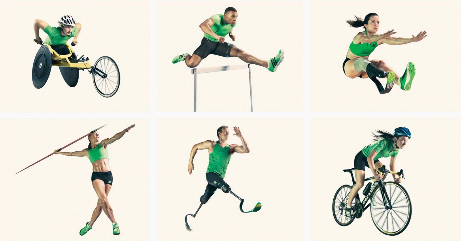 A group of athletes with various disabilities in different sports poses.