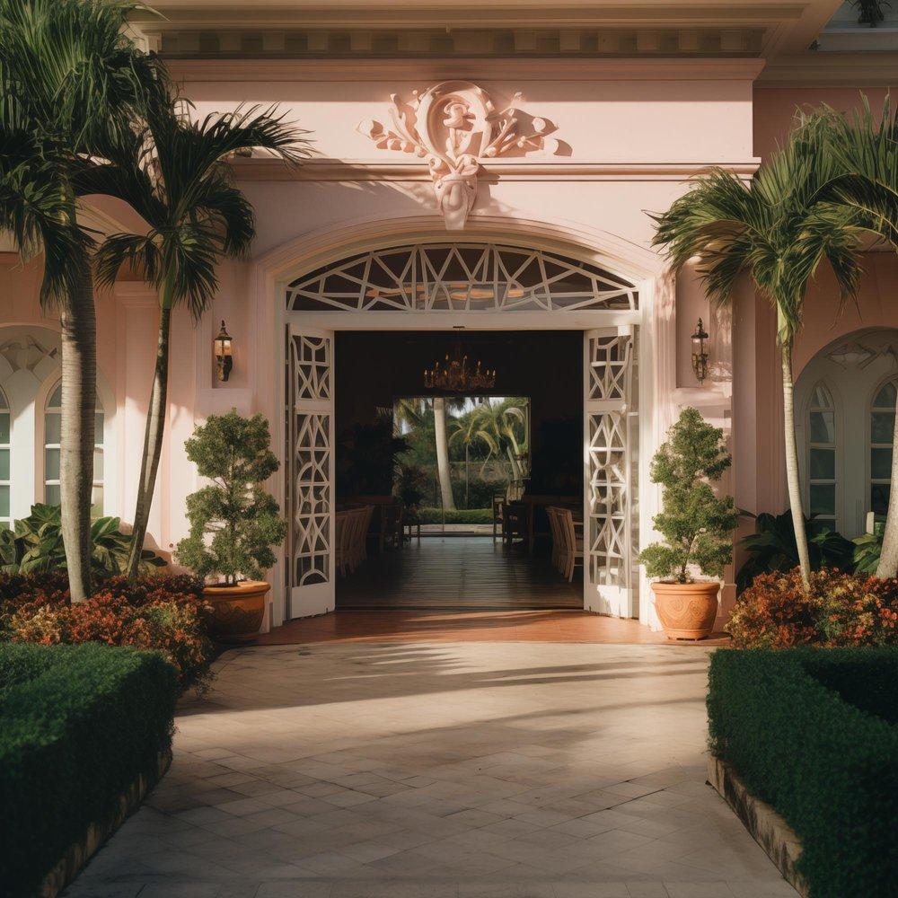 A grand, ornate entrance with a large, ornate door, surrounded by lush greenery and tropical plants, with a warm, golden light illuminating the scene.