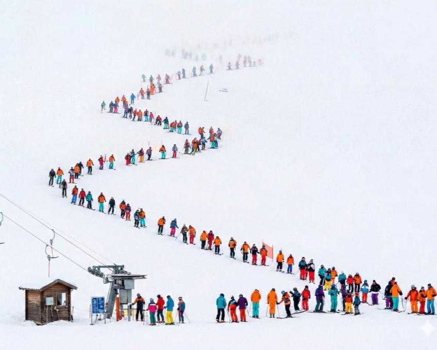 A snowy ski slope with a long line of skiers and snowboarders waiting to ride the lift, all dressed in warm winter clothing including ski jackets, snow pants, and helmets.