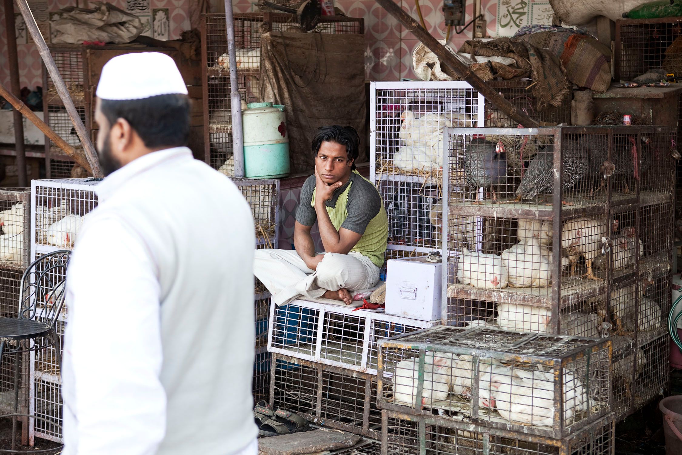 A man in a white shirt and a white cap is standing in front of a man sitting on a crate surrounded by cages of chickens.