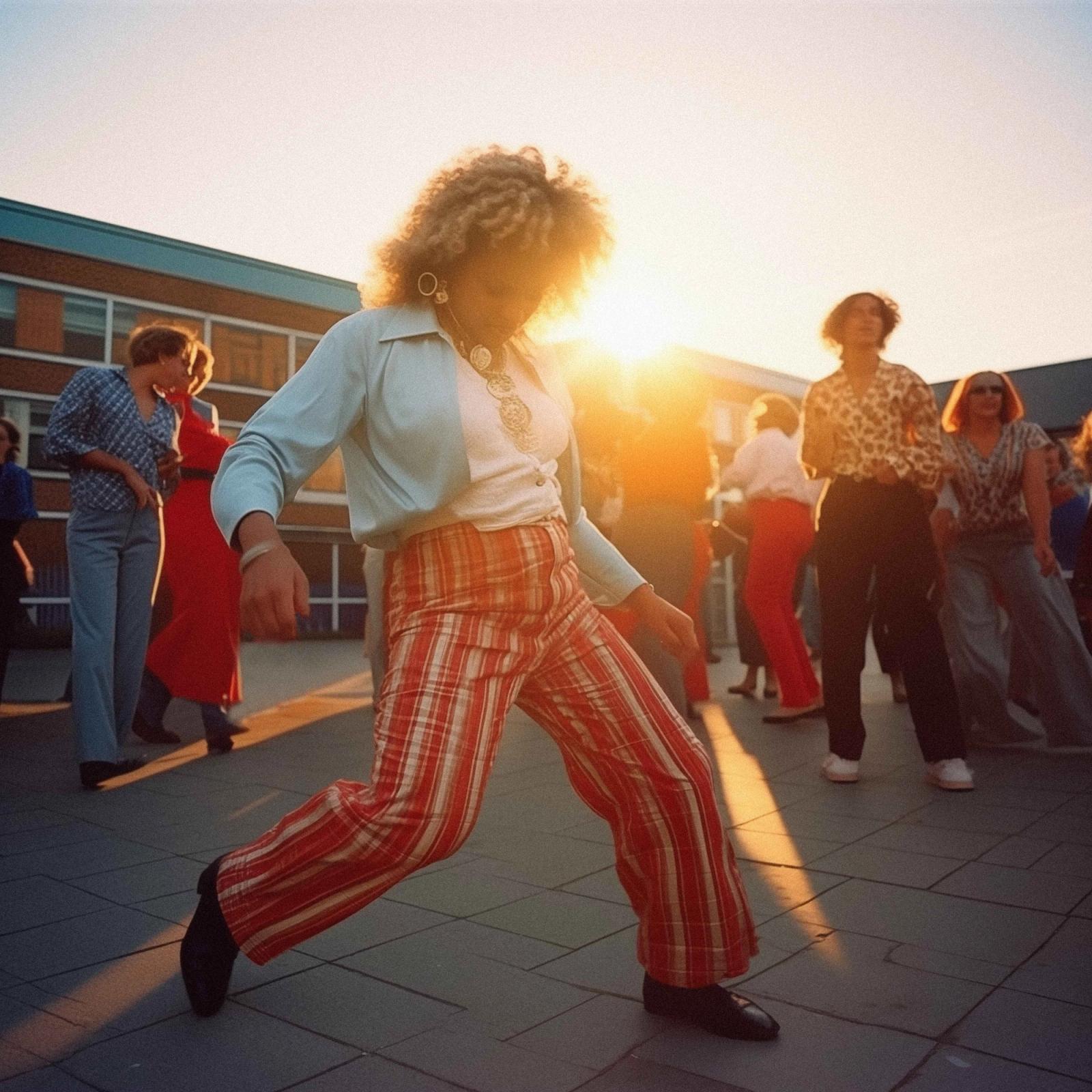 A group of people dancing in a disco setting with a woman in red and white striped flared pants and a man in brown and white striped shirt.