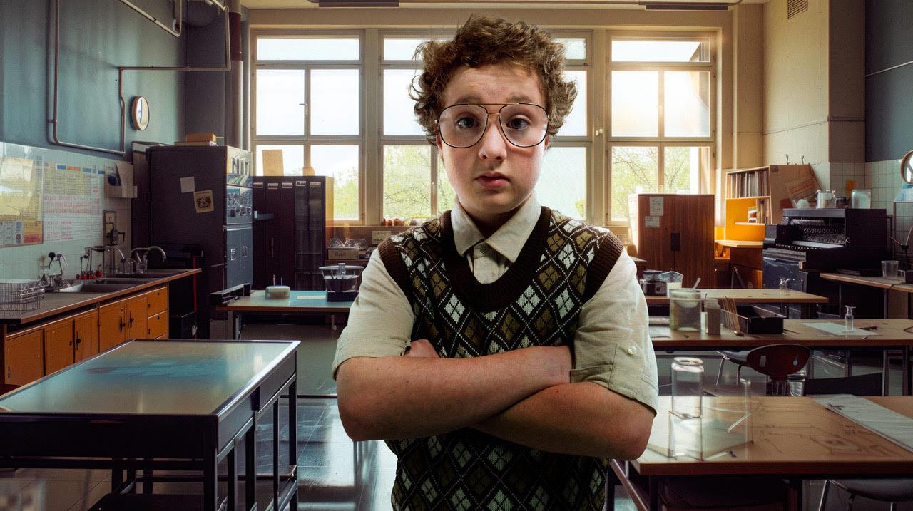 A young boy with curly hair and glasses stands in a cluttered room with science equipment in the background. Gary Salter — AI Experiment
