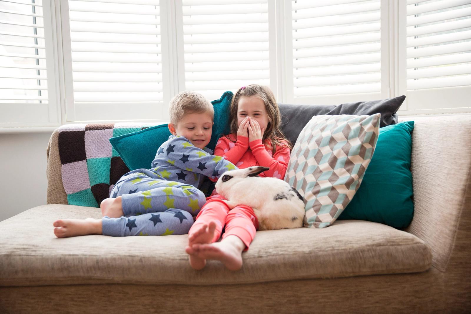 Two children in pajamas sitting on a couch with a rabbit on their lap.