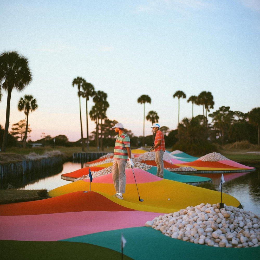 Two golfers standing on a vibrant, rainbow-colored golf course with multiple holes and water features, wearing golfing attire and holding golf clubs.