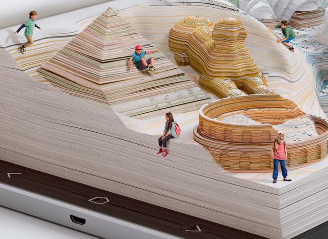 A group of children are playing on a giant, 3D-printed, colorful, abstract sculpture in a futuristic, white, minimalist room.