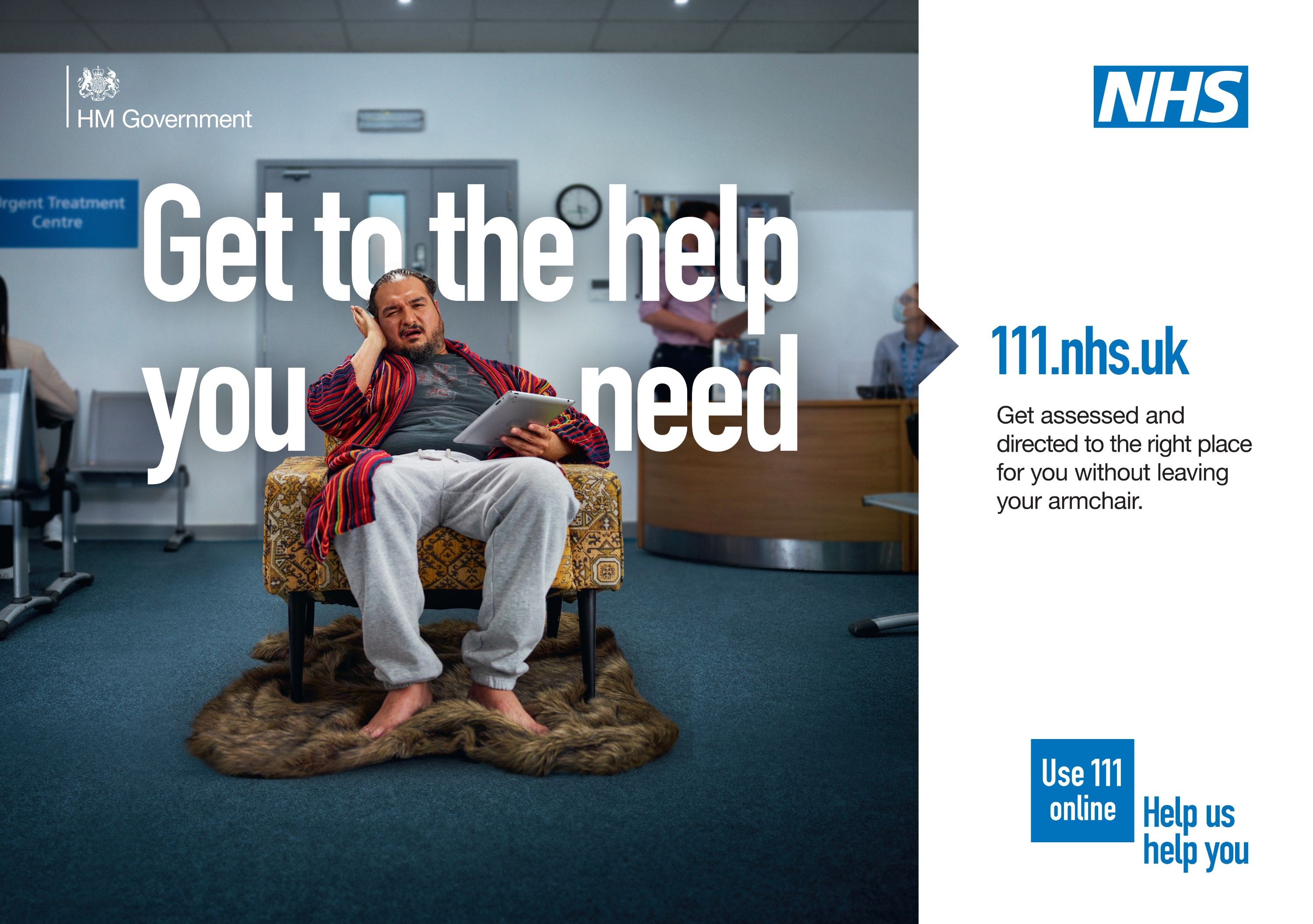 A man in a hospital waiting room, wearing a hospital gown, sitting on a chair, holding a tablet, with a hospital sign in the background.