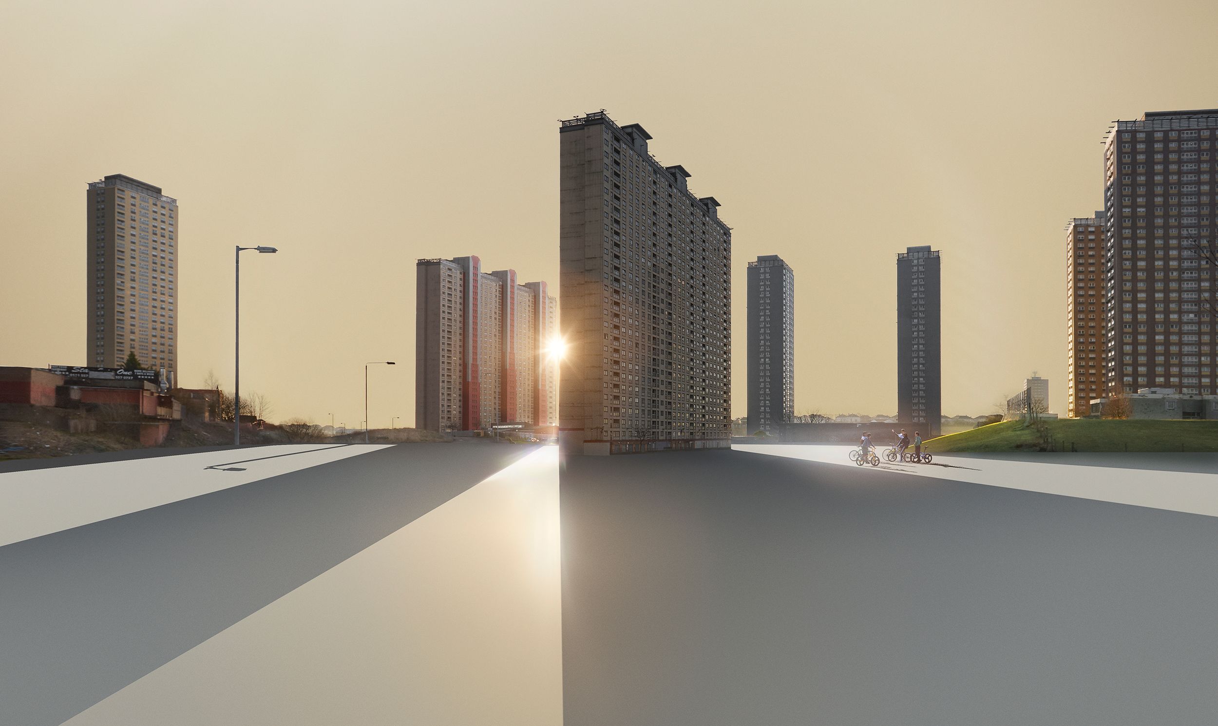 A cityscape featuring modern and old buildings with cyclists and vehicles, under a sunset with a yellow and orange sky.