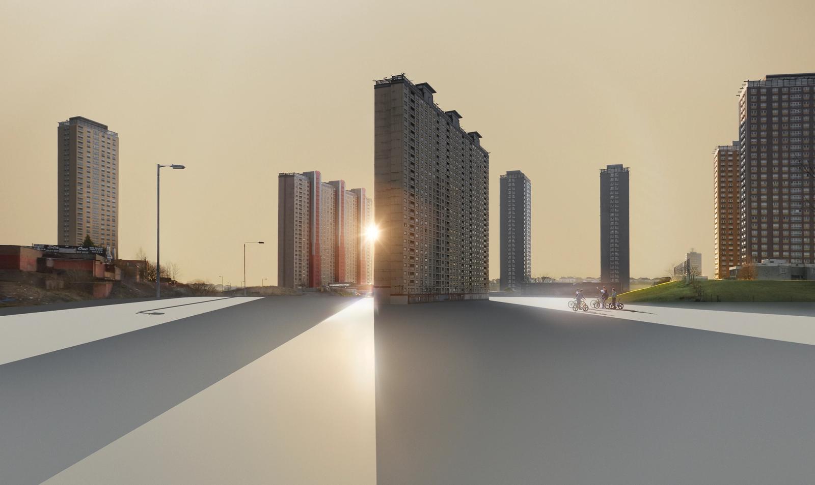 A cityscape featuring modern and old buildings with cyclists and vehicles, under a sunset with a yellow and orange sky.