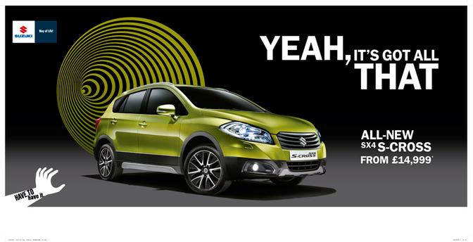 A green Suzuki SX4 S-Cross car is shown in a dark background with a bright yellow and black spiral pattern behind it.