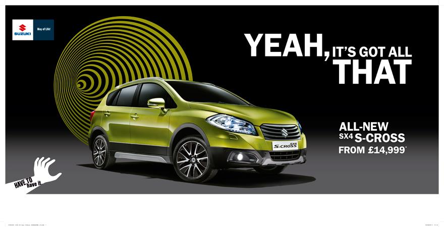 A green Suzuki SX4 S-Cross car is shown in a dark background with a bright yellow and black spiral pattern behind it.