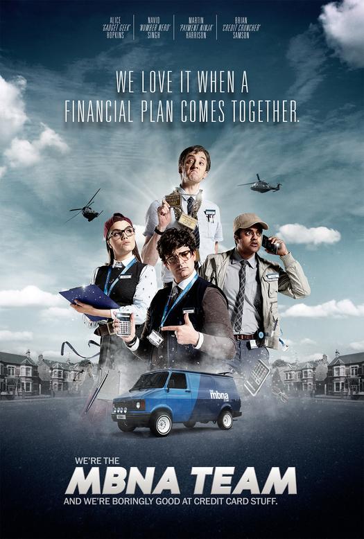 A group of people in business attire, including a woman in a suit and a man in a tie, standing in front of a city skyline with a helicopter and a plane in the background.