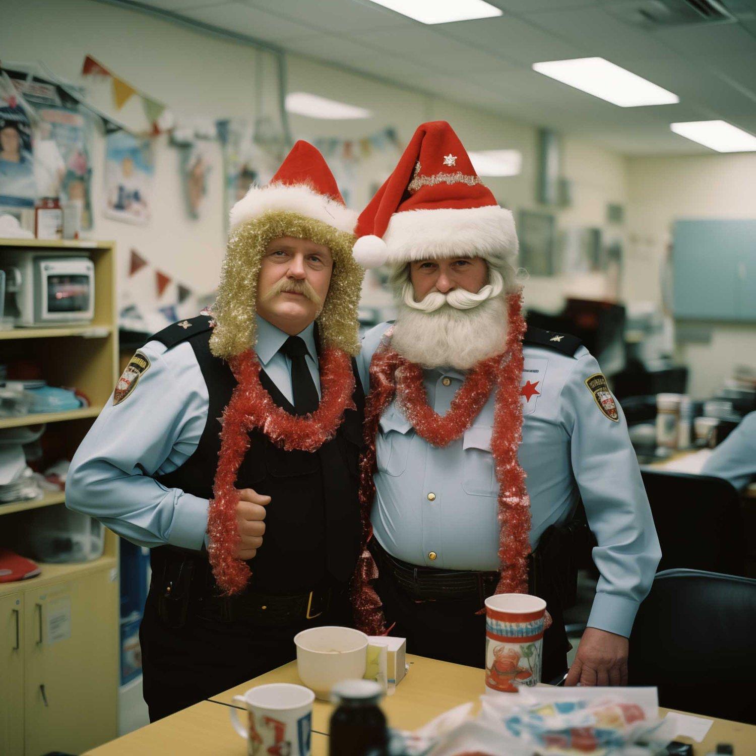 Two men dressed as a police officer and Santa Claus stand together in a festive office setting.