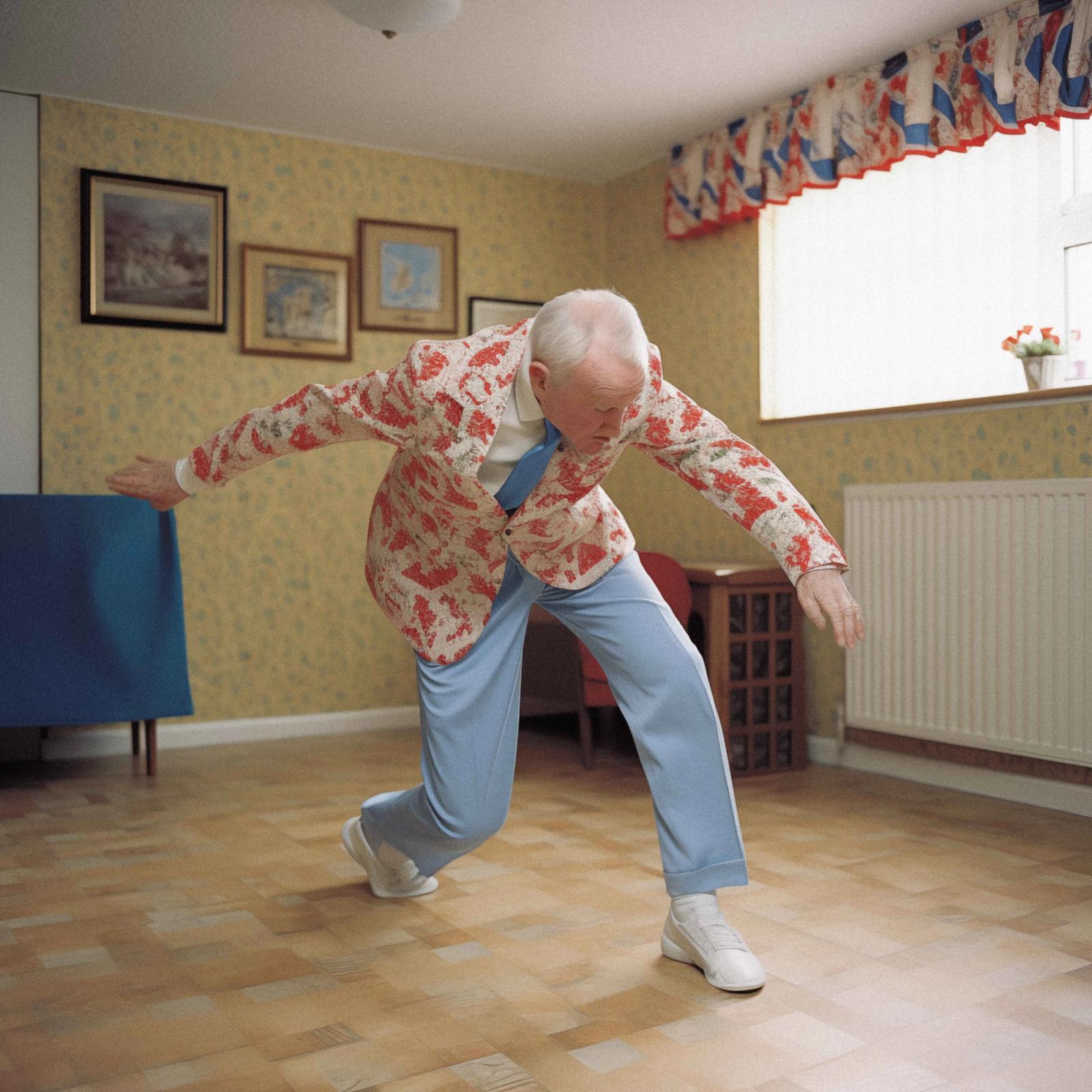 An elderly man in a red and white floral jacket, blue trousers, and white shoes is dancing in a living room with a yellow wallpaper and a few framed pictures on the wall.