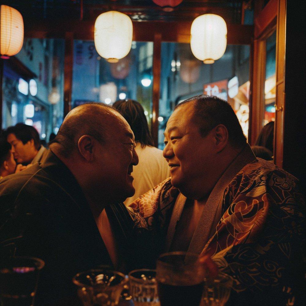 Two men in traditional Japanese clothing, likely sumo wrestlers, sitting at a table in a dimly lit restaurant, laughing and chatting over drinks.