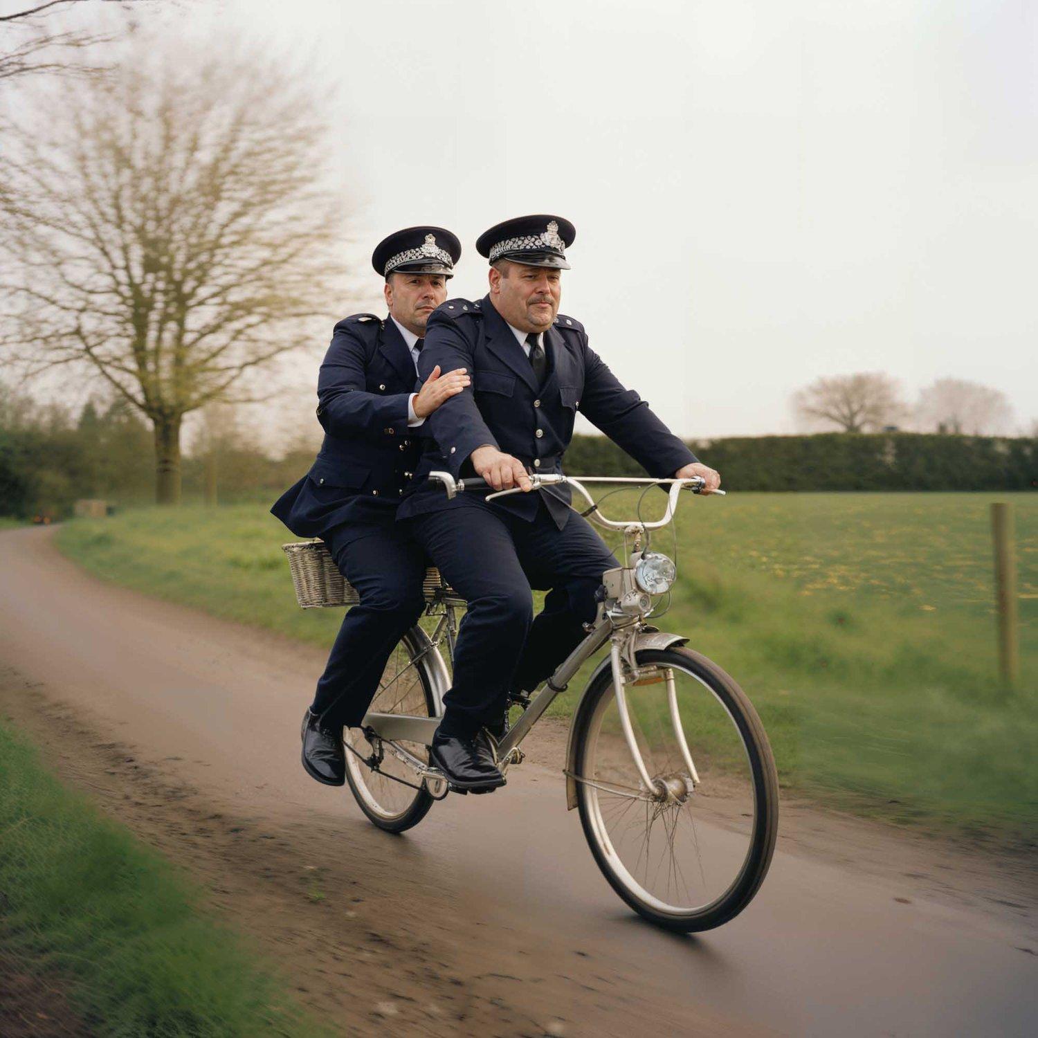 Two police officers in uniform riding a bicycle, one in the front and one in the back, both wearing helmets and looking serious.