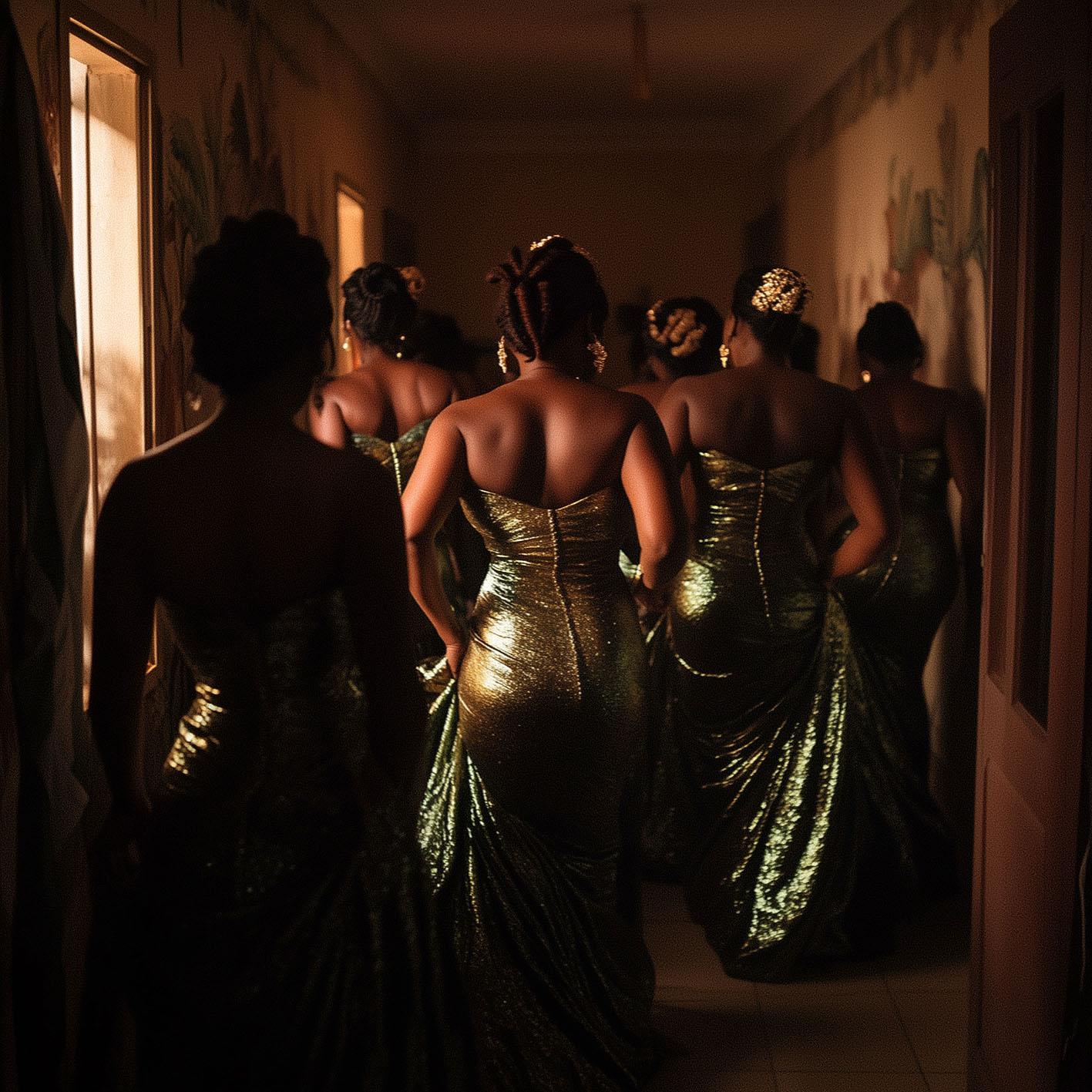 A group of women in gold evening gowns walking down a hallway, their backs to the camera, in a dimly lit, ornate setting.