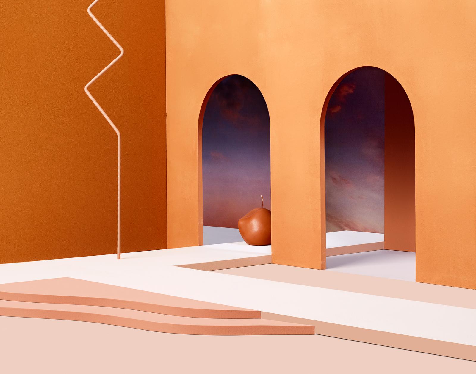 A 3D, abstract, futuristic, orange and white, geometric, architectural, interior design image of a large, empty, cube-shaped room with small, orange, wall-mounted, LED, light.