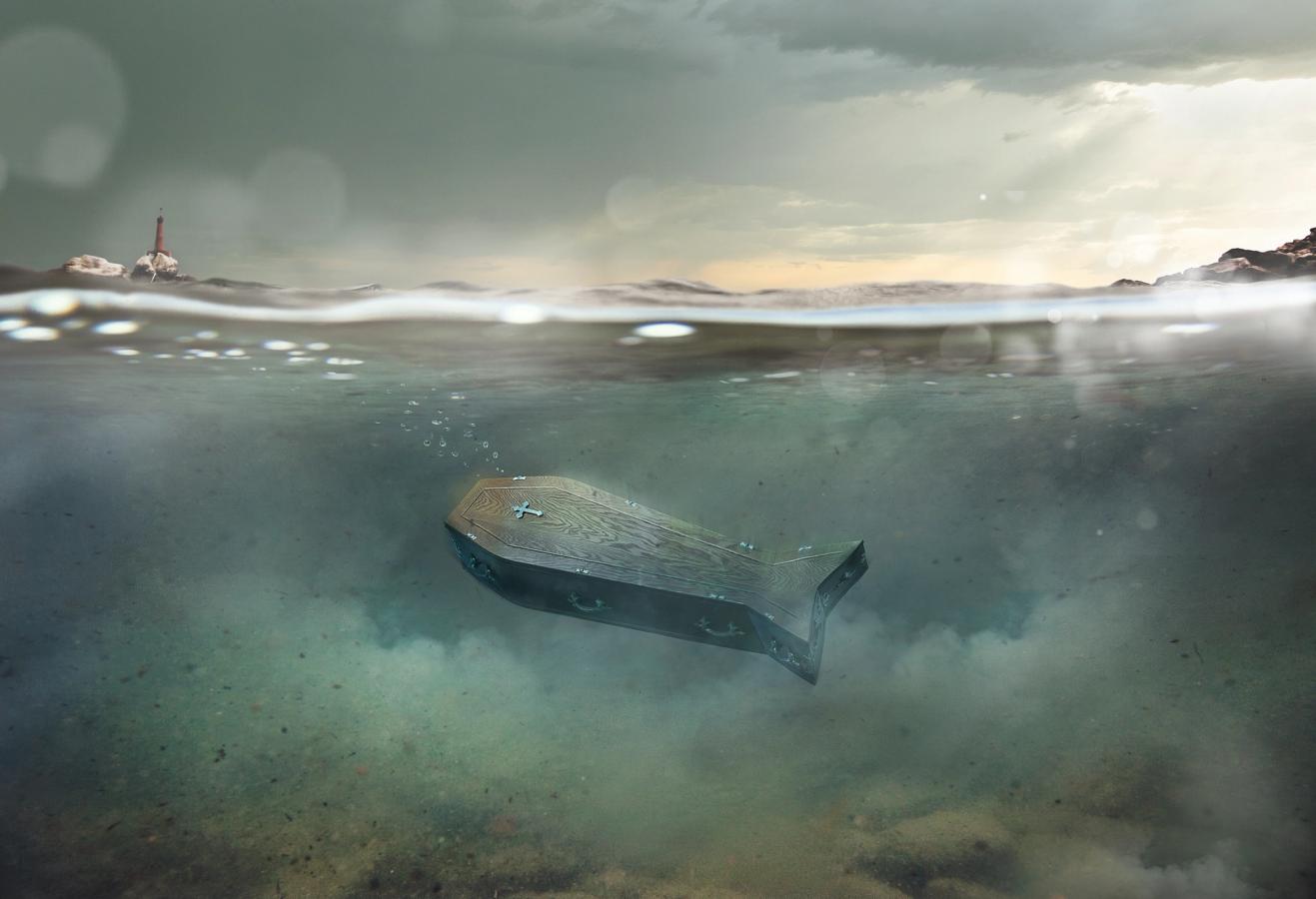 A wooden coffin submerged in water with a lighthouse visible in the background.