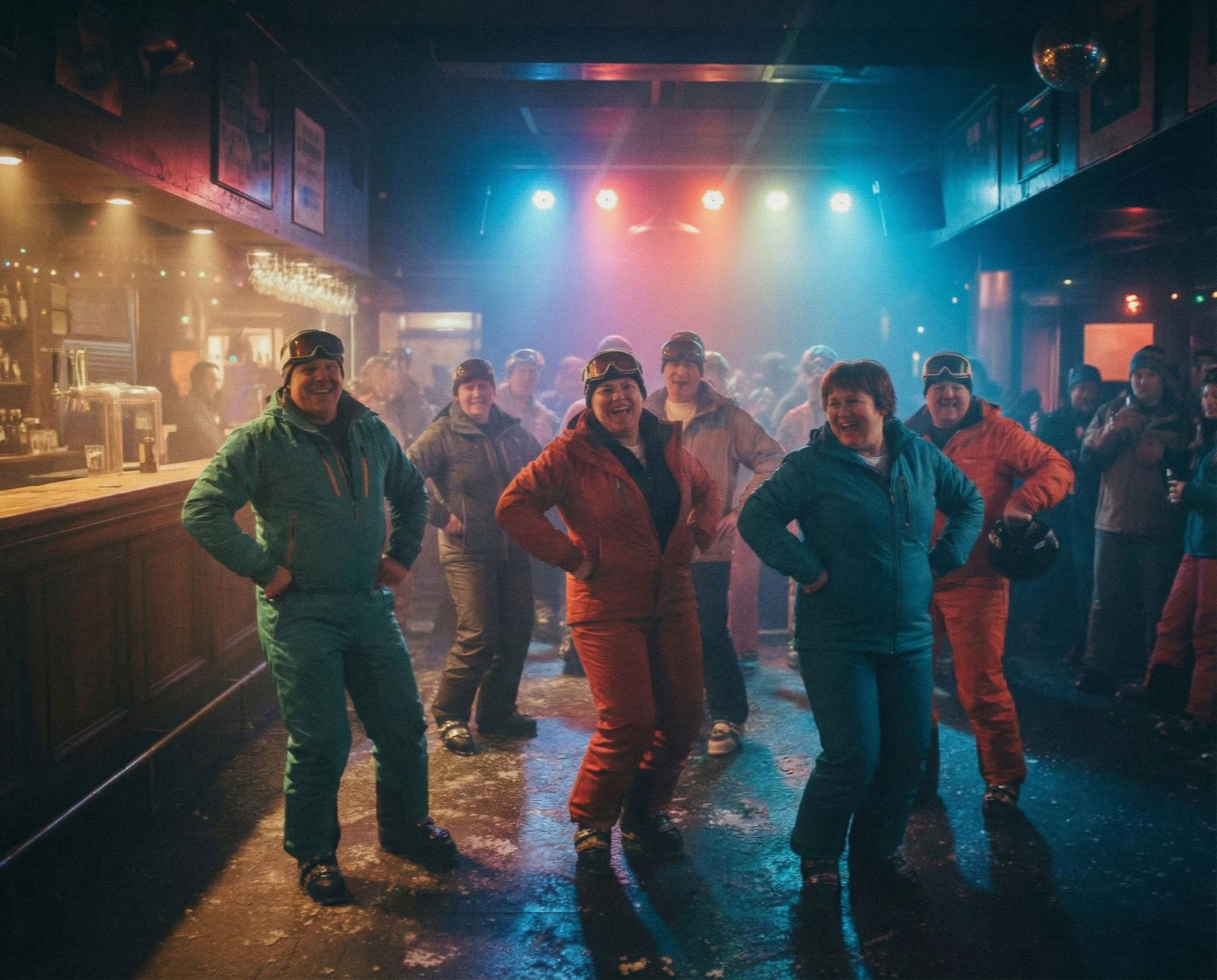 A group of people in ski gear and goggles dancing in a nightclub setting.