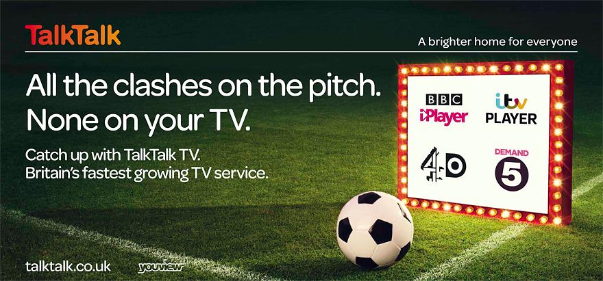 A football pitch with a goal and a football, and a TV screen showing a TalkTalk logo and a football match.