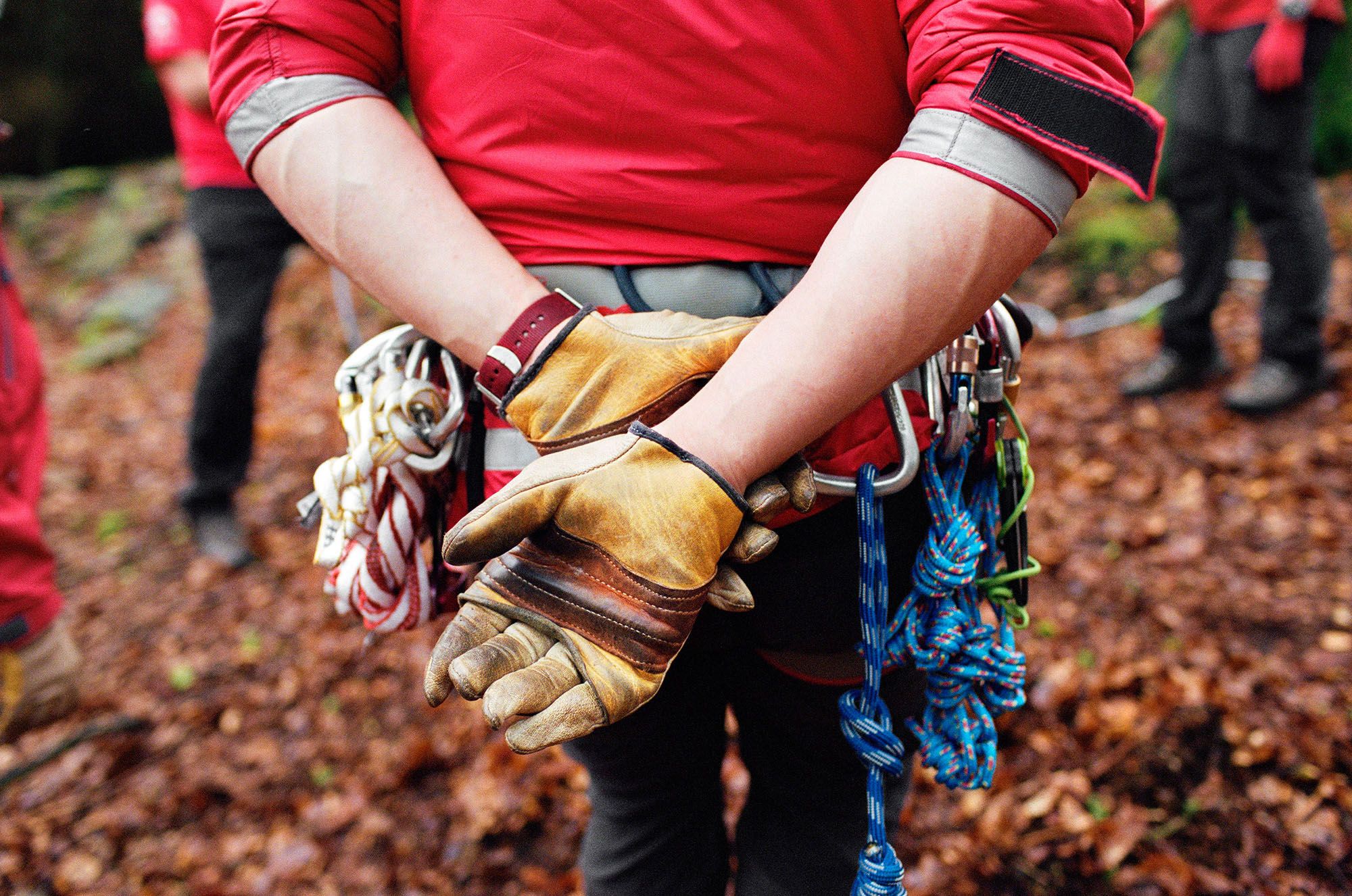A person holds a rope and carabiner in a forest, likely preparing for rock climbing or hiking.