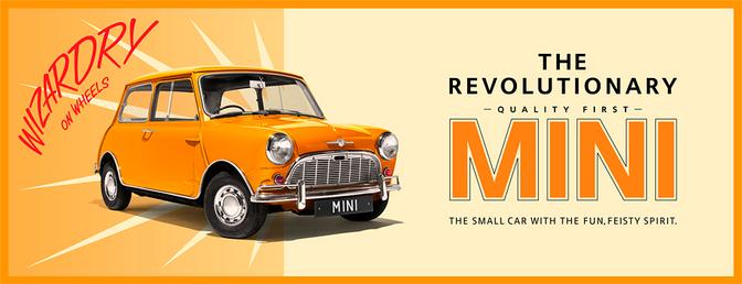 A 1960s-style Mini car with a bright orange and white color scheme, featuring a distinctive 'MINI' license plate and a 'Wilson Hennessy for Mini' logo on the side.
