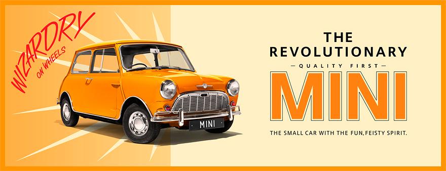 A 1960s-style Mini car with a bright orange and white color scheme, featuring a distinctive 'MINI' license plate and a 'Wilson Hennessy for Mini' logo on the side.