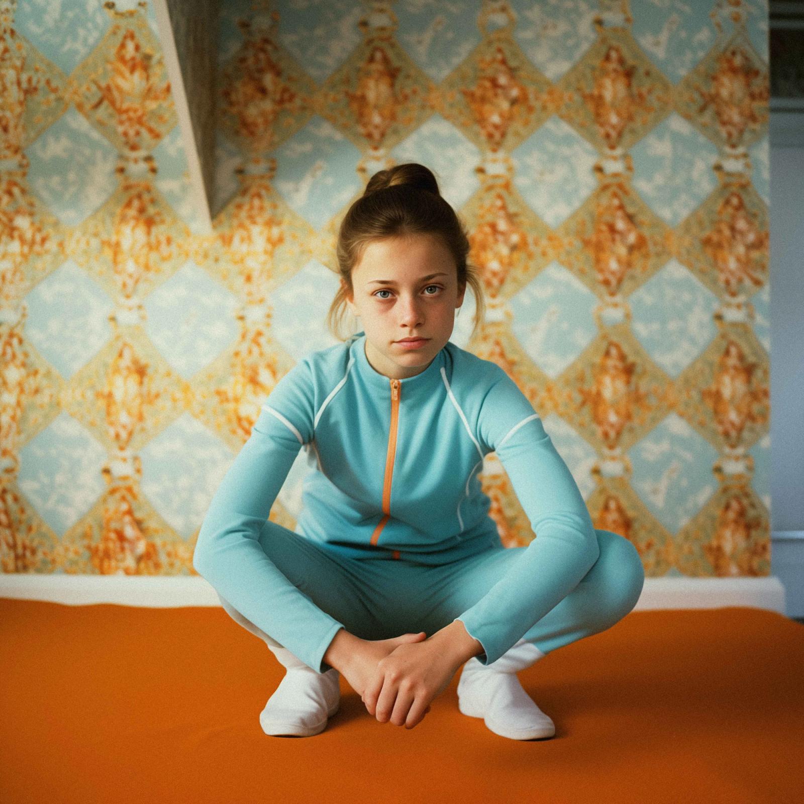 A young girl sits cross-legged on the floor, wearing a blue and white tracksuit and looking directly at the camera.